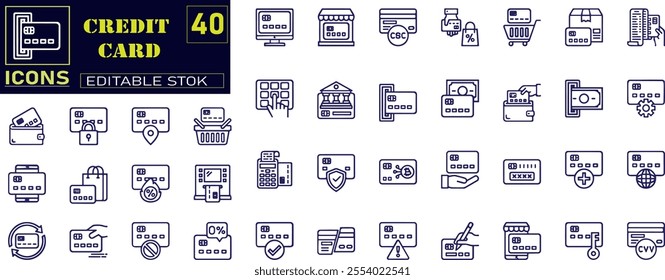 Credit card icon set. Credit card payment icons symbol in thin line and flat style.