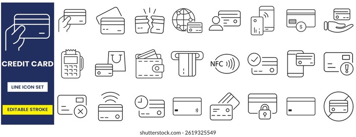 credit card icon set, payment, wallet, security, NFC payment, ATM, wireless payment, customizable stroke, vector, illustration