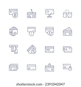 Juego de iconos de tarjeta de crédito. Icono de línea delgada. Trazo editable. Con tarjeta de crédito, advertencia, quiebra, atm, corte, temporizador, tarjeta atm.