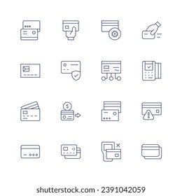 Juego de iconos de tarjeta de crédito. Icono de línea delgada. Trazo editable. Con tarjeta de crédito, tarjeta de giro, punto de venta, transacción, pago.
