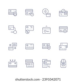 Juego de iconos de tarjeta de crédito. Icono de línea delgada. Trazo editable. Con límite, tarjeta de crédito, instalación, método de pago, tarjeta, sin contacto.