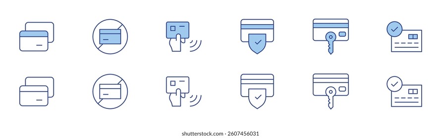 Credit card icon set in two styles, Duotone and Thin Line style. Editable stroke. credit card, no credit card, contactless, safety, payment.