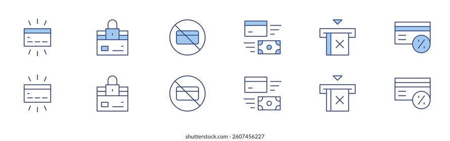 Credit card icon set in two styles, Duotone and Thin Line style. Editable stroke. exchange, no credit card, credit card, card.