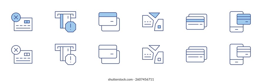 Credit card icon set in two styles, Duotone and Thin Line style. Editable stroke. broken, credit card, mobile payment.