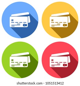 credit card icon. Set of white icons with long shadow on blue, orange, green and red colored circles. Sticker style