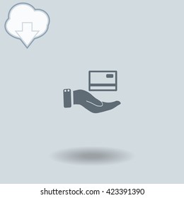 Credit card icon with shadow. Cloud of download with arrow.