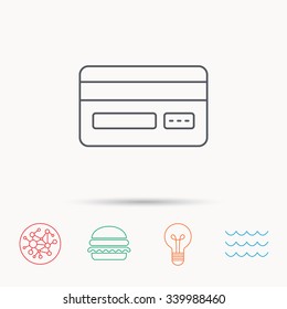 Credit card icon. Shopping sign. Global connect network, ocean wave and burger icons. Lightbulb lamp symbol.