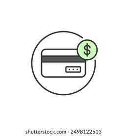 Icono de tarjeta de crédito. Símbolo de pago realizado con tarjeta de crédito. Ilustración del método de pago para la transacción, el comercio o la tienda descrita por la parte posterior de la tarjeta con el símbolo de dólar verde. 