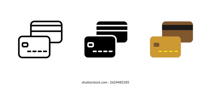 Icono de tarjeta de crédito. Dos tarjetas bancarias superpuestas con chip y Ilustración vectorial de banda magnética. Símbolo de pago digital y transacción financiera. Signo de dinero Electrónica. Pictograma bancario seguro.