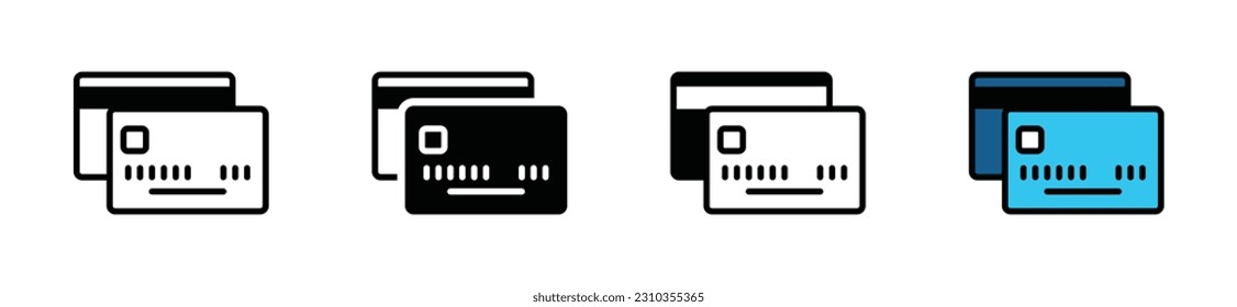 El vector de icono de tarjeta de crédito se establece en el estilo de línea, plano y color en el fondo blanco con trazo editable para aplicaciones y sitios web. Ilustración del vector