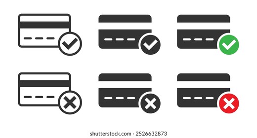 Credit card icons with checkmark and cross, representing approved and declined transactions. Vector illustration