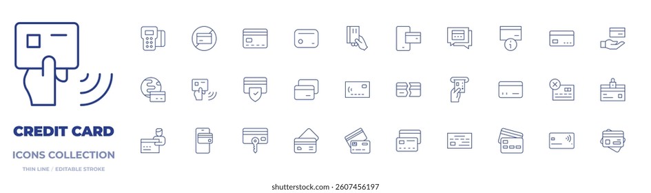 Credit card icons collection. Thin Line icons, editable stroke. credit card, card payment, business and finance, information, no credit card