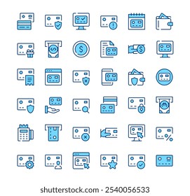 Credit card icons. Outline symbols. Vector blue line icons set