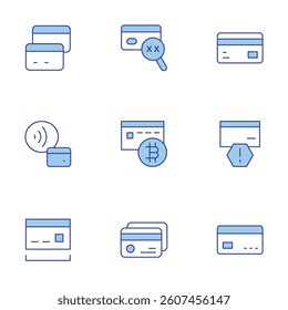 Credit card icons set. Line Duotone style, editable stroke. warning, credit card, cvv, contactless.