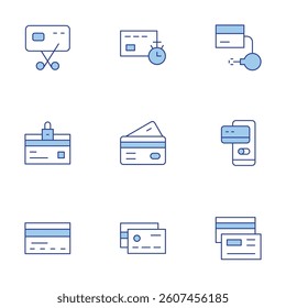 Credit card icons set. Line Duotone style, editable stroke. atm, credit card, card, timer, cut.