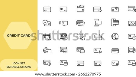 Credit card icons set in linear style for web. Editable stroke collection illustrating payment, wallet, transaction, contactless payment, security concepts, finance, banking, ecommerce and more.