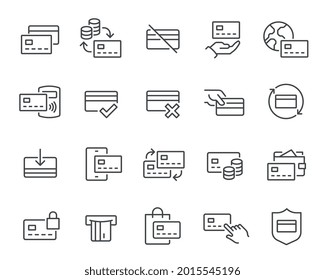 Credit Card Icons Set. Such as Card Payment, Money Transfer, Terminal, Wallet, Cash Withdrawal and Top-up and others. Editable vector stroke.