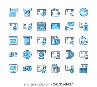 Credit card icons set. Vector line icons. Blue color outline stroke symbols. Modern concepts