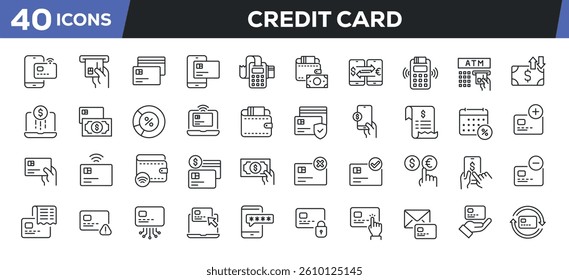 Credit card icons set. Web line icons collection related payment, money, finance. Perfect pixel vector illustration isolated on white background.