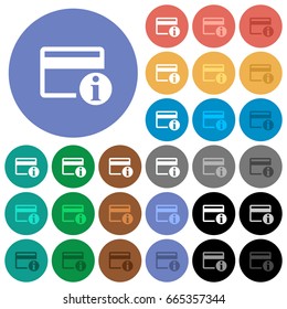 Credit card info multi colored flat icons on round backgrounds. Included white, light and dark icon variations for hover and active status effects, and bonus shades on black backgounds.