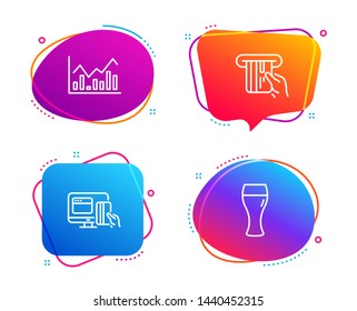 Credit card, Infochart and Online payment icons simple set. Beer glass sign. Atm payment, Stock exchange, Money. Brewery beverage. Speech bubble credit card icon. Colorful banners design set. Vector