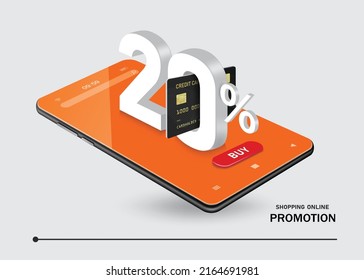 Tarjeta de crédito insertada al 20% de texto y hay un icono de compra junto a ella y todo el objeto colocado en la pantalla del smartphone para el diseño de descuento de promoción de compras online,vector 3d aislado en fondo blanco