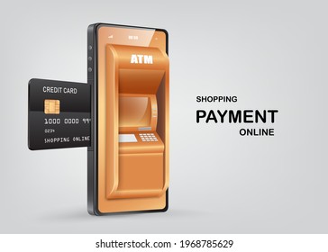 The credit card is inserted into the slot of the ATM machine,shopping for payment online and financial concept design,pay via smartphone application,vector 3d isolated