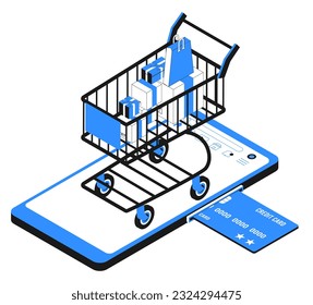 Kreditkarte wird in Smartphone und Warenkorb eingefügt. Isometrische Vektorgrafik einzeln auf weißem Hintergrund. eps10