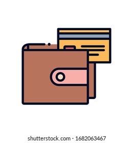 Credit card inside wallet line fill style icon of money financial item banking commerce market payment buy currency accounting and invest theme Vector illustration