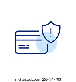 Credit card, insurance shield and exclamation mark. Security alert, danger warning. Pixel perfect, editable stroke icon