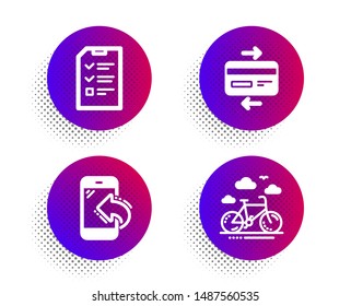 Credit card, Interview and Incoming call icons simple set. Halftone dots button. Bike rental sign. Bank payment, Checklist file, Phone support. Bicycle. Business set. Vector