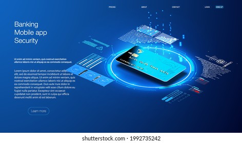 The credit card is isometric. The concept of the protective functions of the map. Can use for web banner. Secure payment, payment protection concepts. Credit card with lock. Vector illustration