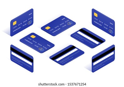 Credit card isometric icons big set. 3d Side and top view bank cards with shadow isolated on white background. Money on plastic. Online shopping vector illustration for web, apps, infographics