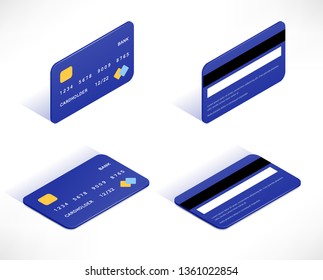 Credit card isometric icons set. Side and top view cards with shadow isolated on white background. Online shopping vector illustration.  