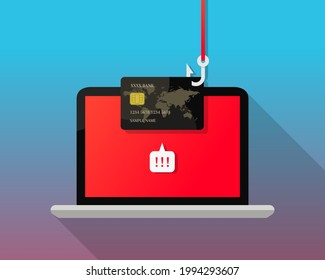 Credit Card And Laptop As Data Phishing, Theft, Online Fraud Or Scam Concept. Hacker Or Thief Stealing Card From Computer Screen With A Fishing Hook. Danger, Security, Warning And Alert Sign.