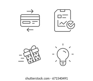 Credit card, Light bulb and Gift box delivery line icons. Report document sign. Quality design elements. Editable stroke. Vector