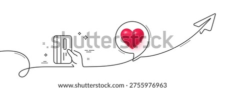 Credit card line icon. Continuous line with share plane. Hold Banking Payment card sign. ATM service symbol. 3d heart in speech bubble. Payment card single line ribbon. Loop curve pattern. Vector