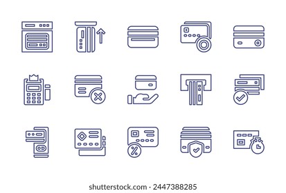 Credit card line icon set. Editable stroke. Vector illustration. Containing credit card, installation, insert, card, secure payment, online shopping, payment method, payment, atm machine, timer.