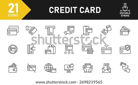 Credit card line icon set. Set of 21 outline icons related to credit card, debit, ATM, payment, wallet, transaction, money and others. Editable stroke. Vector illustration.