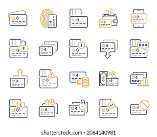 Iconos de línea de tarjeta de crédito. Iconos de pago sin efectivo, retiro de fondos y cartera de efectivo. Transferencia de dinero, tarjeta de crédito aprobada y método de pago. Protección por contraseña, Retirada de fondos de la cartera. Vector