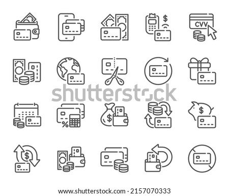 Credit card line icons. Payment card terminal, bankrupt and contactless pay set. Bank atm exchange, cut credit card and CVV code line icons. POS terminal, online bank payment, wallet. Vector