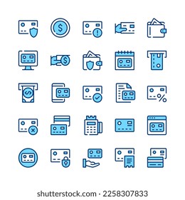 Credit card line icons. Set of credit card icons. Blue color. Vector line icons set