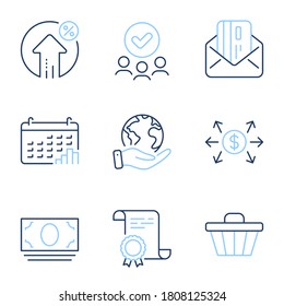 Credit card, Loan percent and Shop cart line icons set. Diploma certificate, save planet, group of people. Calendar graph, Dollar exchange and Cash money signs. Mail, Growth rate, Web buying. Vector