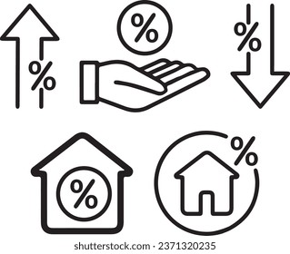 Credit card loan rate percentage sign, Mortgage rate icon set, High and low house interest rate icon collection, High inflation rate line symbol set.