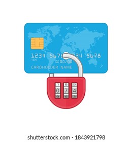 Credit card with lock icon isolated on white background. Secure, payment protection concept. Design element for web banners, mobile app, web sites, infographics. 