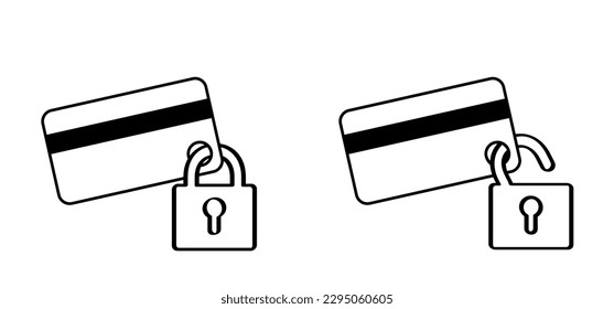 Credit card with lock icon. Locked bank security card. icon. Bribe. Cartoon contactless card. Pay cards. Wallet, protection, secure payments, secure credit card. Transaction, transfer concept.