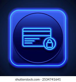Credit card, lock, security simple icon vector. Flat design. Blue neon style on button. With shadow.ai