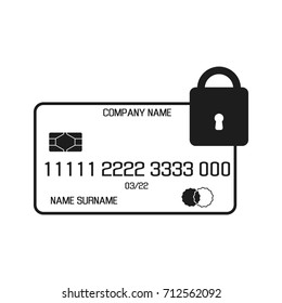 Credit card lock. Vector black icon on white background.