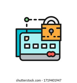 Tarjeta de crédito con bloqueo, seguridad web, icono de línea plana de color.