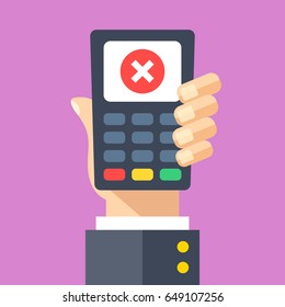 Credit card machine with cross mark. Hand holding point of sale, pos, payment terminal with x mark on screen. Transaction rejected, wrong pin number entered concepts. Flat design vector illustration